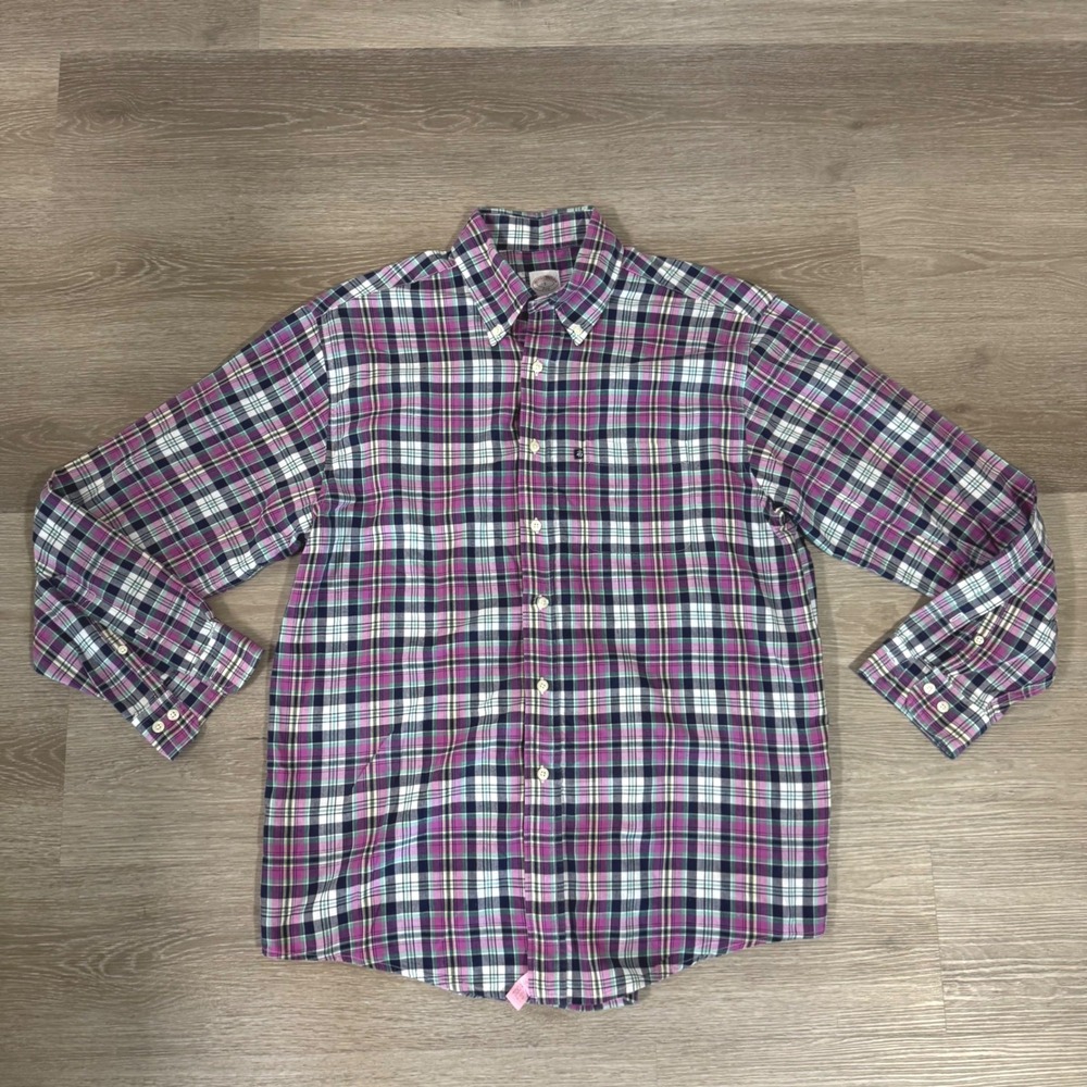 Brooks Brothers 346 Button Down Shirt Mens L Purple Plaid Long Sleeve Cotton